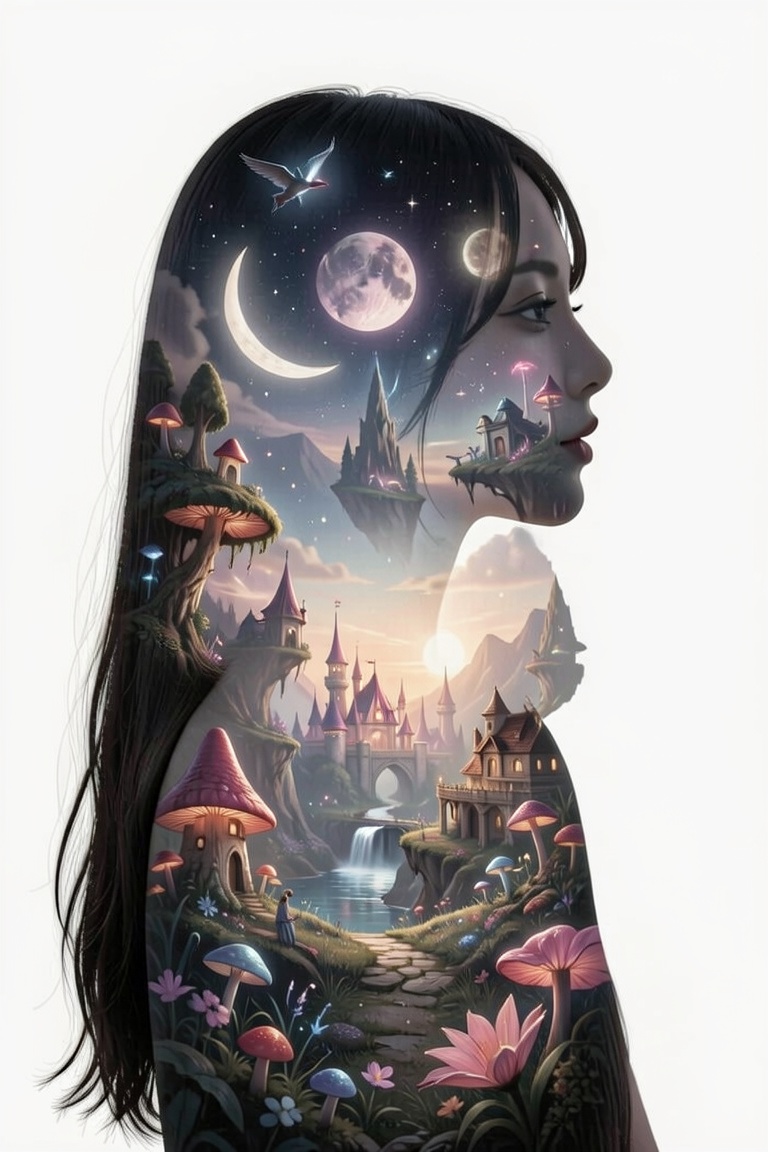 Silhouette of a girl filled with scenery of a magical world,  fantastic scenery of another world,  close-up on Tensor.Art
