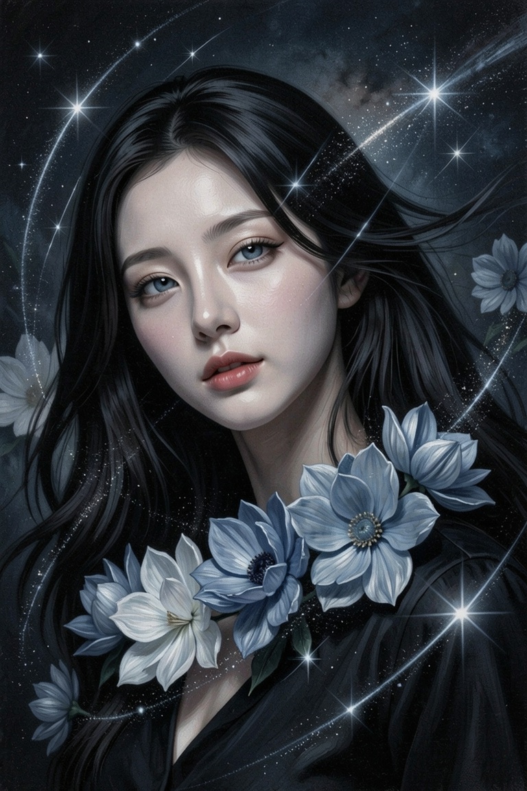 A semi-realistic,  strongly painterly portrait of a woman with a celestial nocturnal presence,  captured with a pronounced...