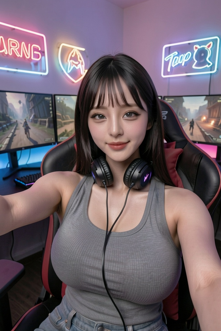 Photorealistic influencer selfie,  young woman sitting in gaming chair,  colorful RGB lights glowing in background on Tens...