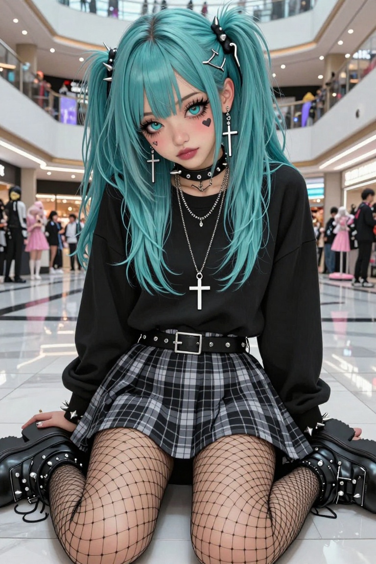 A black woman with tufts of cyan hair and fishnets,  wearing a black and light gray plaid miniskirt,  sits on the floor. T...