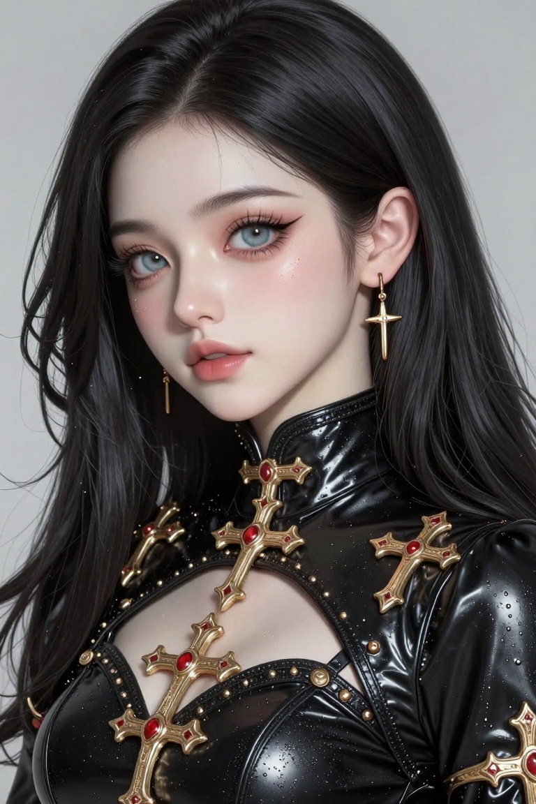 This is a highly detailed,  digital illustration of a young woman with a striking,  ethereal appearance. She has porcelain...