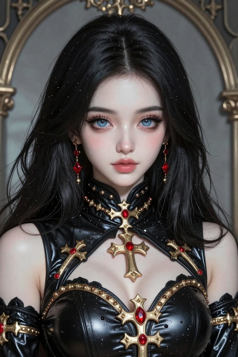 This is a highly detailed,  digital illustration of a young woman with a striking,  ethereal appearance. She has porcelain...