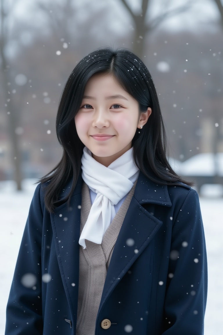 Photorealistic portrait of Japanese high school girl in winter school uniform with navy coat,  light snowfall,  soft winte...