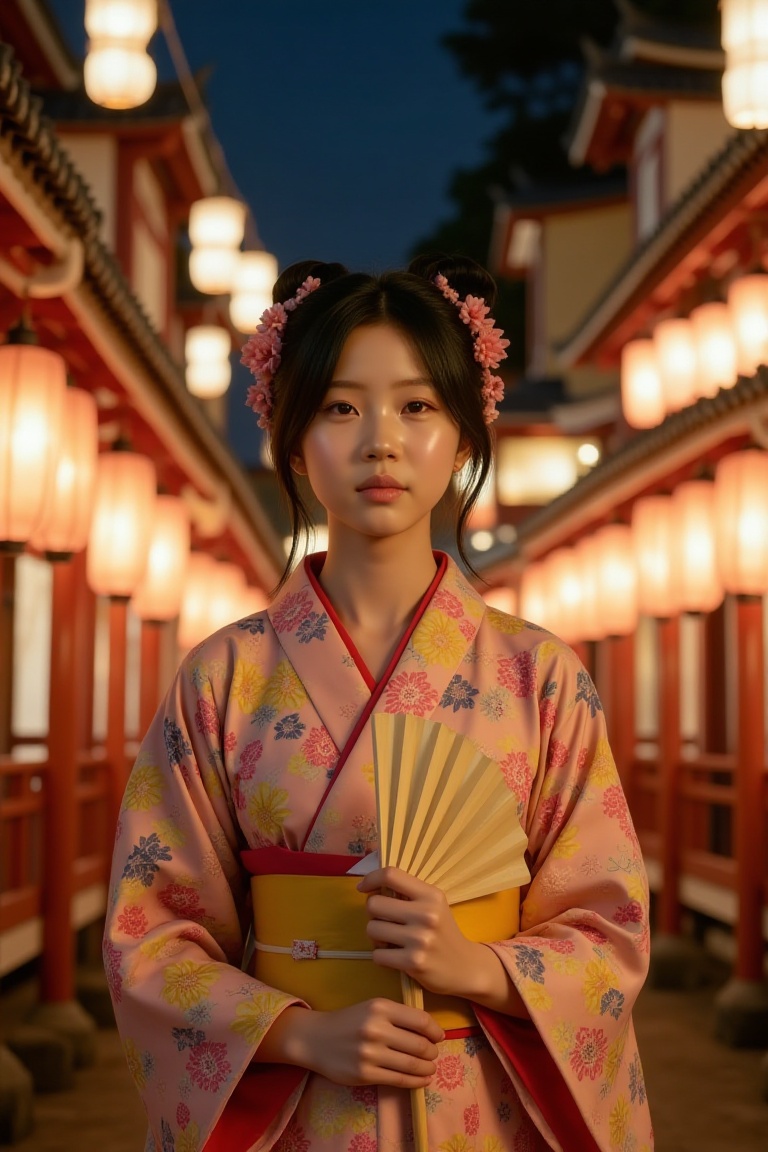 Elegant Japanese teenage girl wearing colorful summer yukata with floral patterns,  standing at traditional fireworks fest...