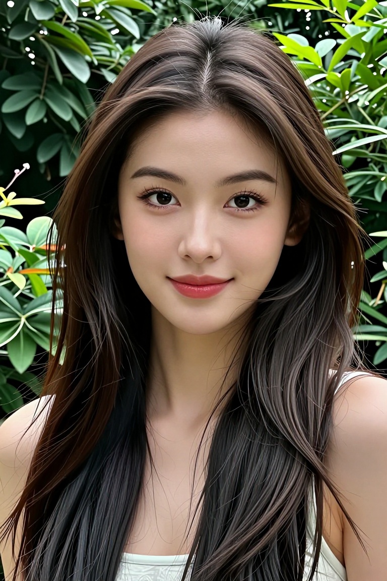 1girl solo long hair looking at viewer smile brown hair black hair closed mouth black eyes lips portrait realistic suggest...