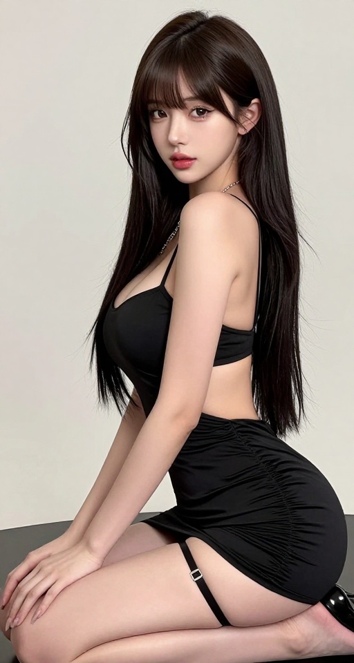 masterpiece,  best quality,  realistic style 1girl solo long hair breasts looking at viewer bangs large breasts dress bare...