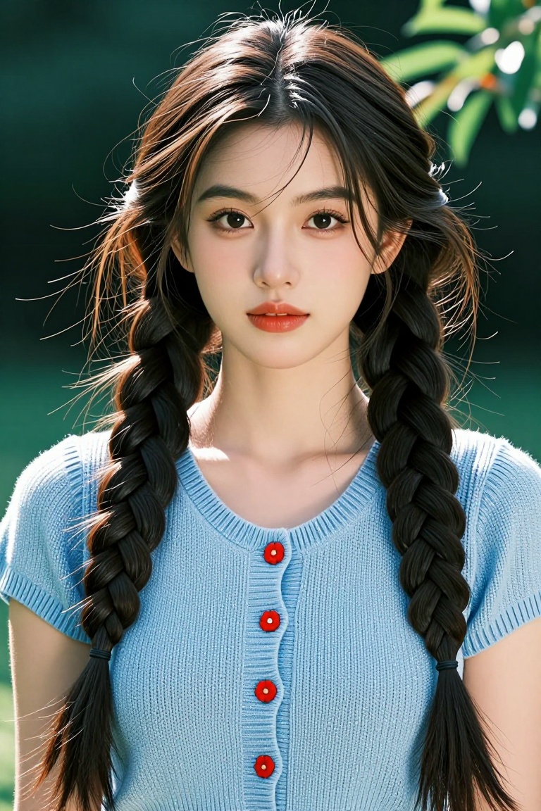 A young woman with long dark brown hair styled in loose twin braids,  strands softly framing her face. She wears a light b...