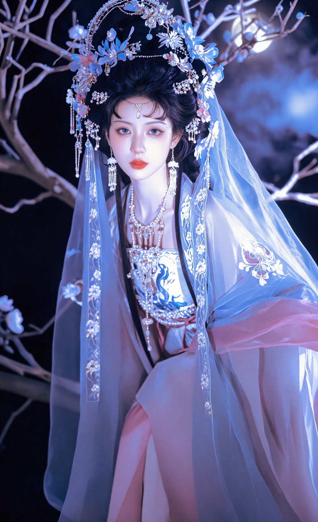 jhzyhf, 1girl,  black hair, solo, , necklace, full body, lips, closed mouth, looking at viewer, flower, hair flower, red lips,, long hair, blue eyes, jacket, veil, collarbone,  , blue flower, lipstick, pearl necklace, hanfu,looking_at_viewer, gem, expressionless, pink dress,户外,夜景,月色,站在枯树下,CCD拍摄,艺术写真,,一侧月光