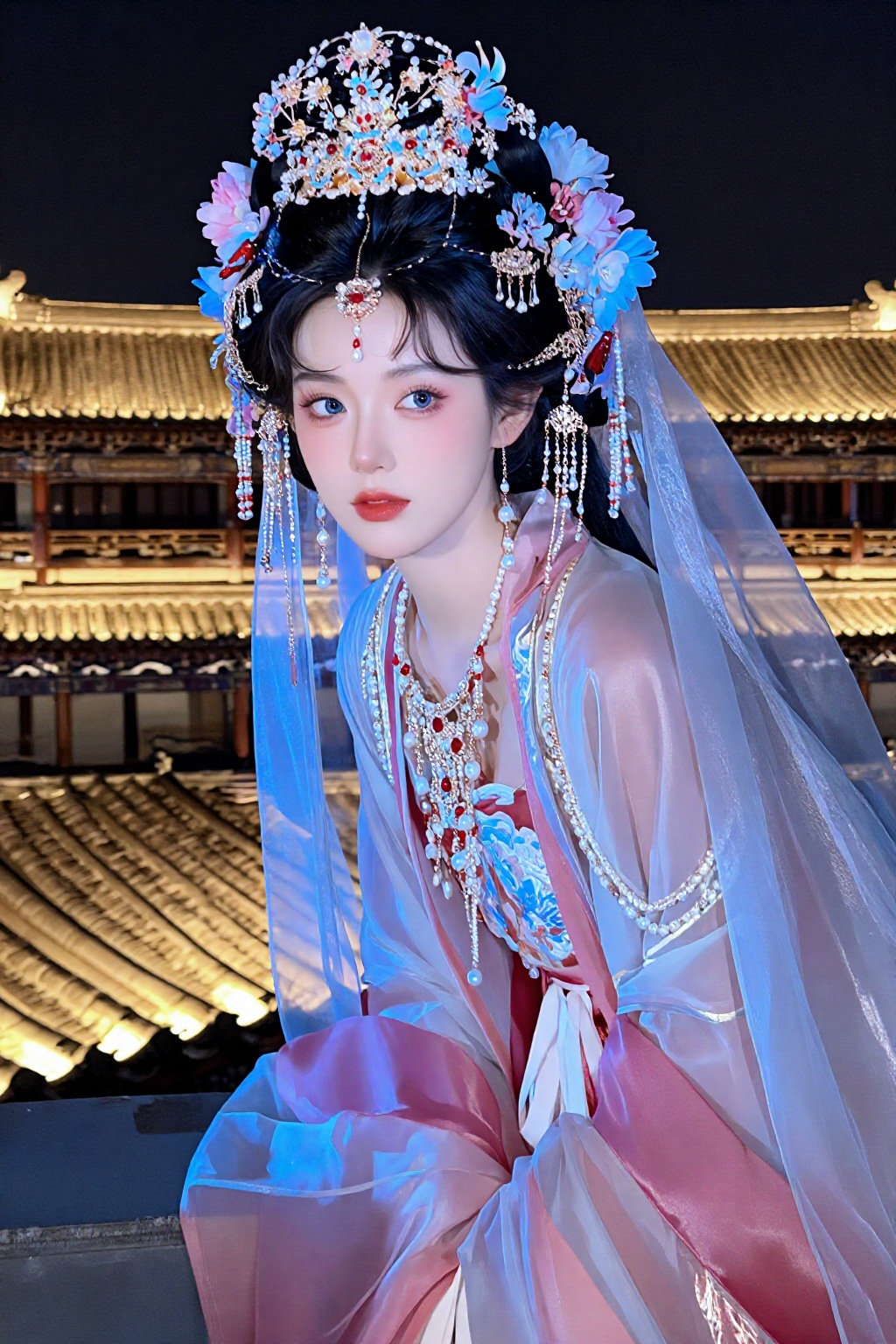 jhzyhf, 1girl,  black hair, solo, , necklace, upper body, lips, closed mouth, looking at viewer, flower, hair flower, red lips,, long hair, blue eyes, jacket, veil, collarbone,  bug, leaning forward, blue flower, lipstick, pearl necklace, hanfu, looking to the side, gem, expressionless, pink dress,户外,夜景,阁楼,古城,半身照