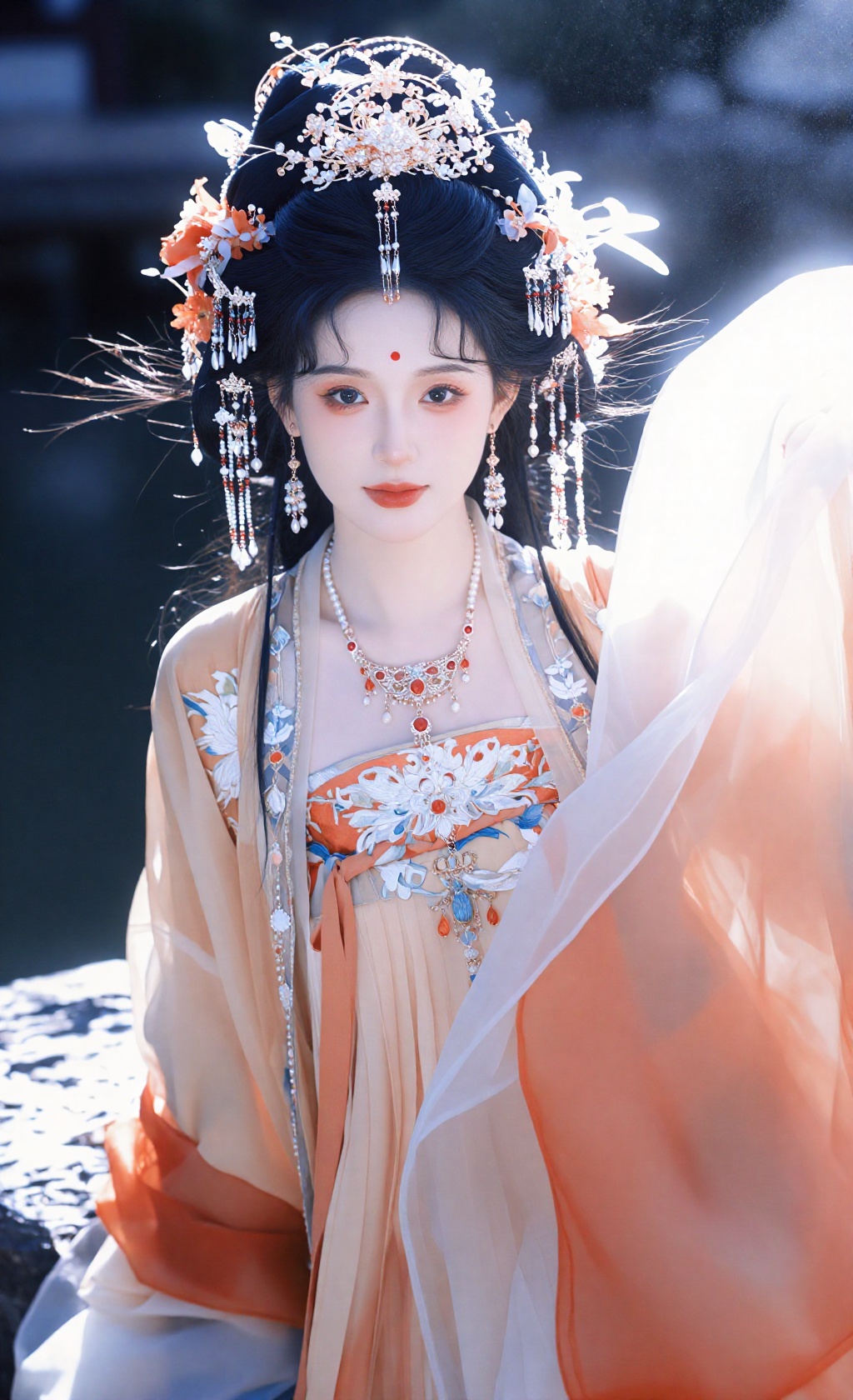 jhzyhf, 1girl,  black hair, solo, , necklace, full body, lips, closed mouth, looking at viewer, flower, hair flower, red lips,, long hair, blue eyes, ,  , lipstick, pearl necklace, hanfu,looking_at_viewer, gem, expressionless,,户外,白天,笑容,CCD拍摄,艺术写真,sunlight,
