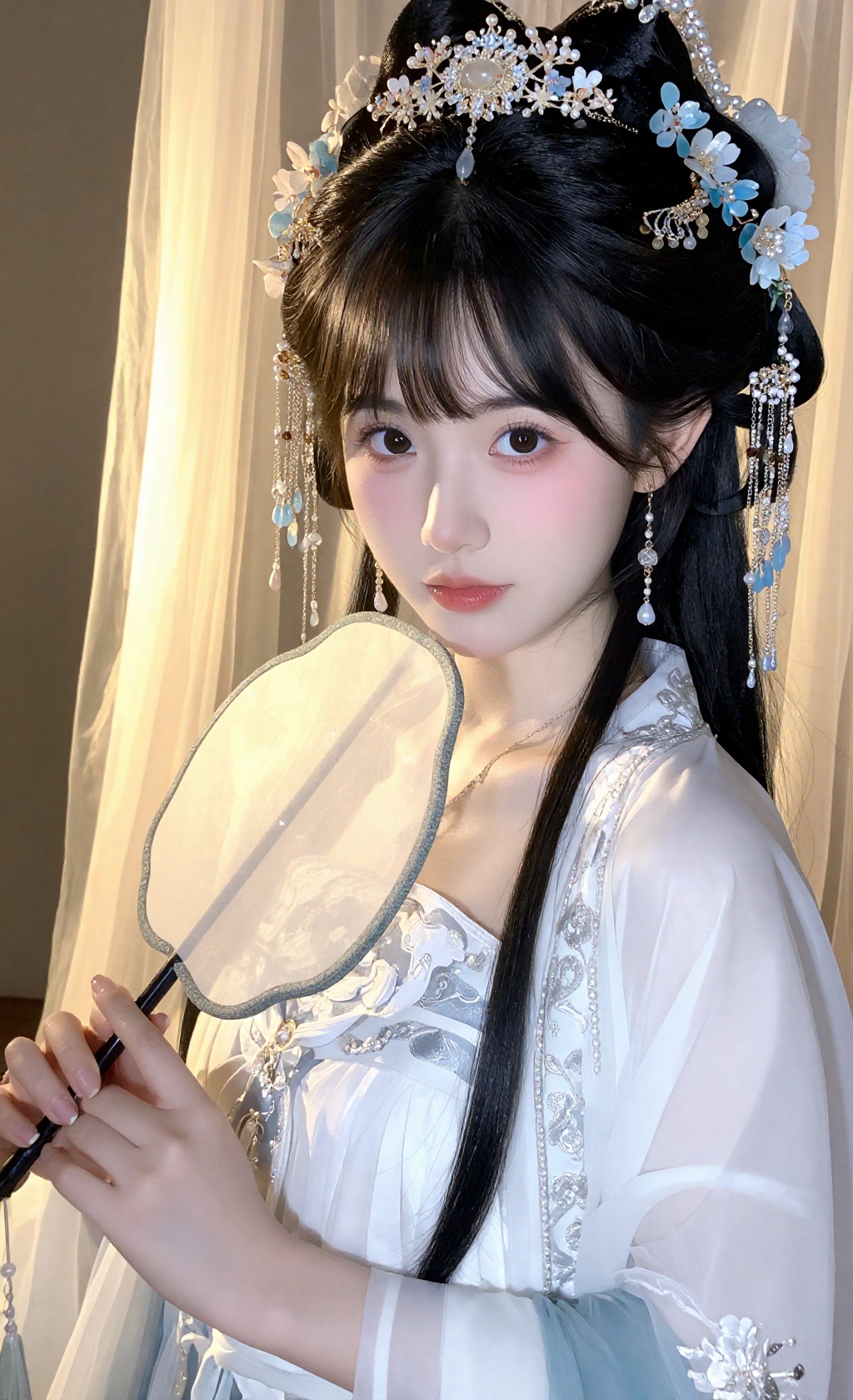 jhzyhf, black hair, 1girl, solo, looking at viewer,, long hair, upper body, holding, hand fan, black eyes, closed mouth, white dress, lips, holding fan, necklace, smile, , blunt bangs, indoors, red lips, curtains, brown eyes, hanfu, korean \(nationality\), bangs,, hair flower,, standing, flower,l, tuanshan, , parted lips, folding fan, china dress, hair rings,光亮,室内光源