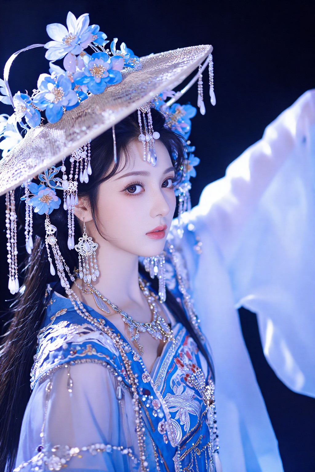 jhzyhf,1girl,black hair,solo,looking at viewer,long hair,closed mouth,red lips,lips,portrait,hat,black eyes,upper body,blue flower,flower,black background,collarbone,simple background,gem,blue dress,sun hat,expressionless,blurry background,hanfu,white dress,arm up,depth of field,nose,close-up,brown eyes,eyelashes,aegyo sal,