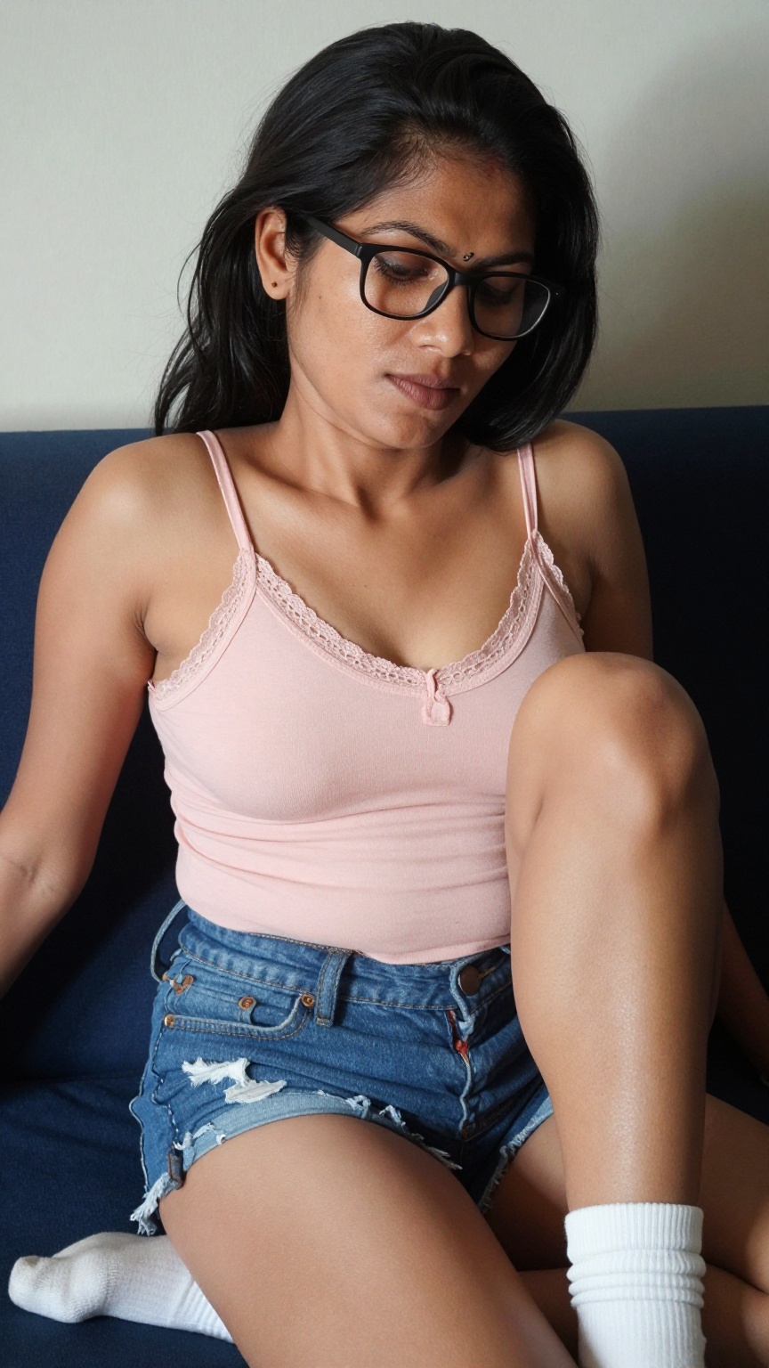 Photograph of south Asian woman with long black hair wearing black-framed glasses a light pink spaghetti-strap **** top wi...