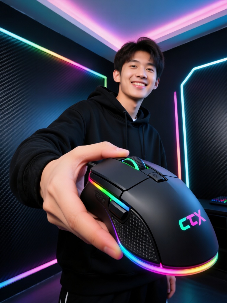 CPTX, 潮流感十足的年轻男性身着黑色电竞风连帽衫,掌心稳稳托举着一款RGB 电竞机械鼠标,鼠标为哑光亲肤材质,侧边配有纹理防滑区,底部透光灯带暗藏流光特效。他置身暗黑科技电竞房,背景是碳纤维质感墙面与幻彩灯带,顶光与环境光交织,鼠标在光影下尽显棱角质感,少年嘴角带浅笑,打造出酷炫热血的电竞科技氛围感。
