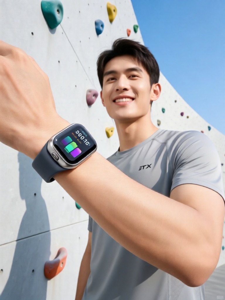 CPTX, 运动健朗的年轻男性身着速干运动短袖,抬手展示腕间多功能运动手环,手环为液态硅胶表带搭配高清彩屏,表身是轻量化合金材质,屏幕显示着运动数据。他站在户外极简攀岩墙旁,自然侧光勾勒出手环的轻薄质感,背景是浅灰攀岩墙面与蓝天,神情阳光自信,尽显户外科技运动美学。
