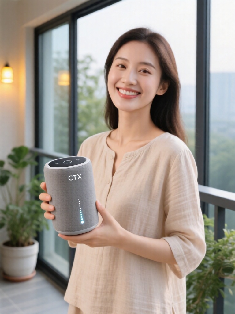 CPTX, 温柔娴静的年轻女性身着浅杏色棉麻上衣,手持一款便携智能音箱,音箱为圆柱型磨砂岩灰材质,顶部是触控操作面板,侧边印有简约音量指示灯。她立于现代轻奢阳台,背景是落地窗与绿植盆栽,自然天光搭配暖黄色小夜灯,音箱机身映出柔和光影,笑容温婉,兼具生活质感与智能科技氛围。
