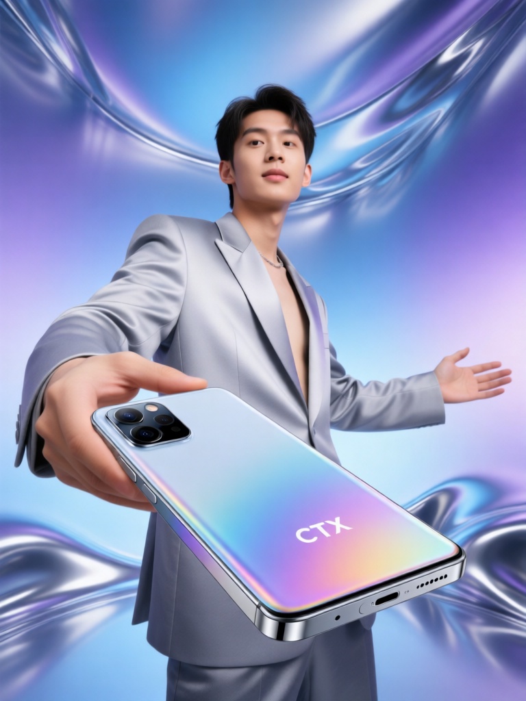 CPTX, 时尚前卫的青年身着银灰渐变西装,双手展开一款智能手机,机身是釉面陶瓷材质,中框为亮面金属。他身处科幻感液态金属空间,背景是渐变蓝紫液态金属墙面,柔光渐变光影铺满画面,手机机身折射出炫彩光泽,神态从容高级,尽显折叠屏科技的极致质感。

