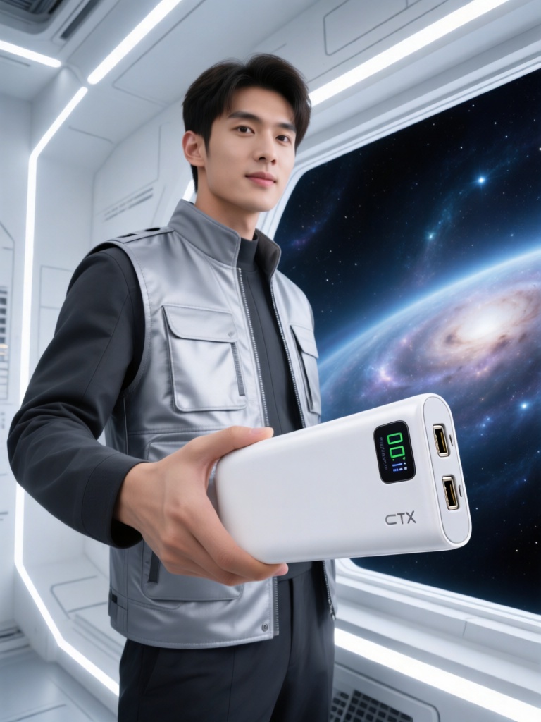 CPTX, 俊逸挺拔的年轻男性身着银灰色机能马甲,手持一款超薄快充移动电源,机身是陶瓷白磨砂质感,侧边配有数显电量屏与金属接口,边缘做了圆润倒角处理。他站在科幻空间站舷窗边,窗外是浩瀚宇宙星云,舱内冷白色线性光源勾勒轮廓,电源机身映出星云微光,神情从容淡定,尽显未来星际科技的高级感。
