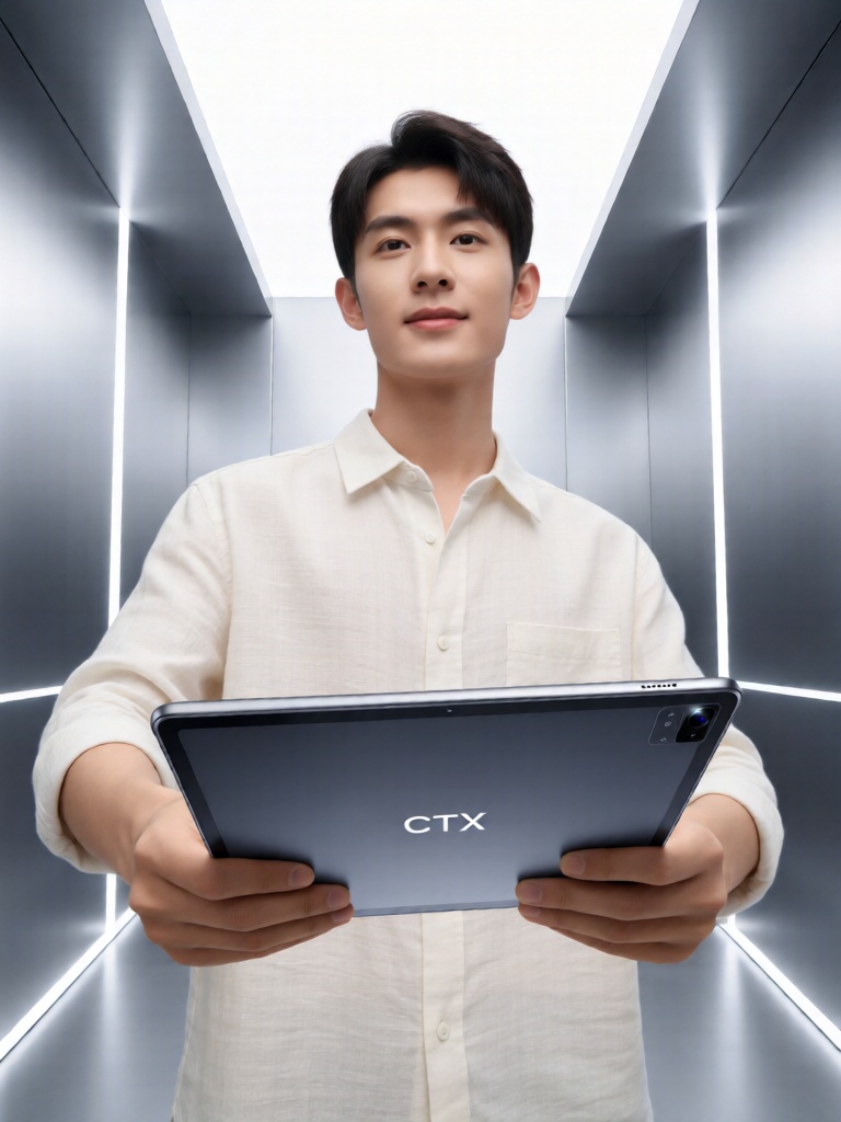 CPTX, 气质沉稳的青年身着米白色亚麻衬衫,双手轻展一台超薄全面屏平板电脑,机身采用深空灰航空铝材质,边框极窄无冗余设计,屏幕亮着极简科技界面。他身处未来感金属质感实验室,墙面为哑光合金材质,线性冷白光从墙面凹槽透出,纵深的空间线条强化视觉纵深感,柔和顶光让平板机身折射出细腻光泽,整体格调简约高级且充满科技严谨感。
