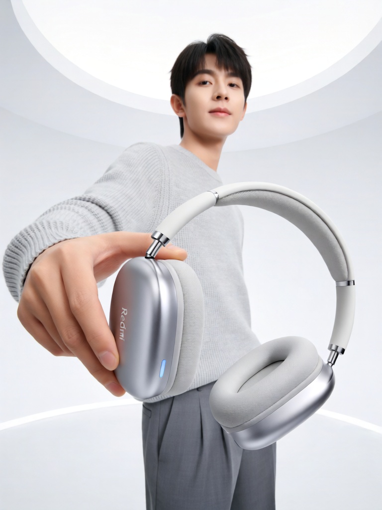 CPTX, 年轻俊朗的少年身着浅灰针织衫搭配烟灰色休闲西裤,指尖轻捏着一副磨砂银边的Redmi 无线降噪耳机,耳机腔体细腻温润,耳柄处印有简约品牌标识与淡蓝指示灯。他置身于极简纯白悬浮空间中,四周无多余杂物,顶部柔化的环形天光均匀洒落,在耳机金属边框与少年指尖形成细腻反光,少年眉眼清冽淡然,整体画面干净通透,满溢轻奢科技质感。
