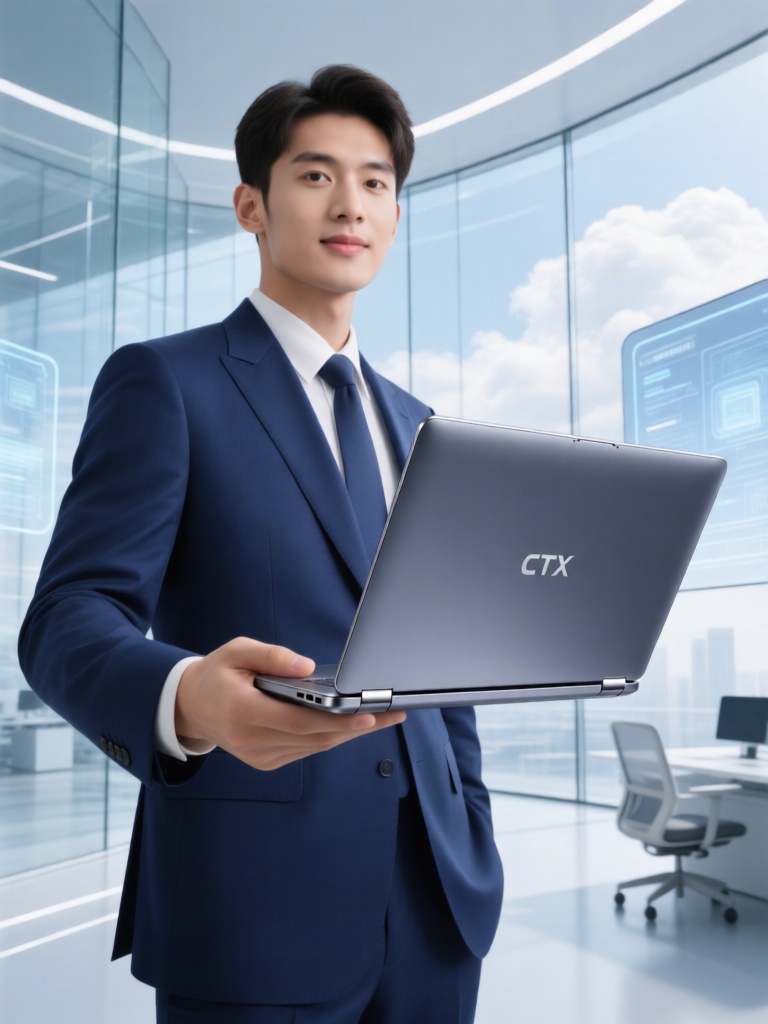 CPTX, 商务儒雅的青年身着藏蓝色西装,单手托举着一款轻薄商务笔记本,笔记本为深空灰全金属机身,屏幕是高清全面屏,机身轻薄无冗余设计,转轴处工艺精致。他身处未来感云端办公空间,背景是通透玻璃幕墙与虚拟办公屏,柔和天光透过玻璃洒落,笔记本金属机身泛着高级哑光光泽,神态沉稳专业,尽显商务科技高级感。
