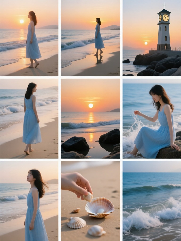 JGG,Nine grid multi screen emotional storyboards, with different scenes in each grid,一位温柔少女身着浅蓝长裙在海边日出时分呈现多幕故事,她站在沙滩上凝望朝阳,沿着潮间带行走,坐在礁石上看海浪翻涌,透过海面凝视日出与倒影重合；特写捕捉她捡拾贝壳、轻撩发丝、伸手触碰浪花的瞬间,海边钟楼指向六点十分,金橙晨光铺满画面,氛围治愈、澄澈且浪漫,可见细软沙滩、深色礁石与蔚蓝海面。
