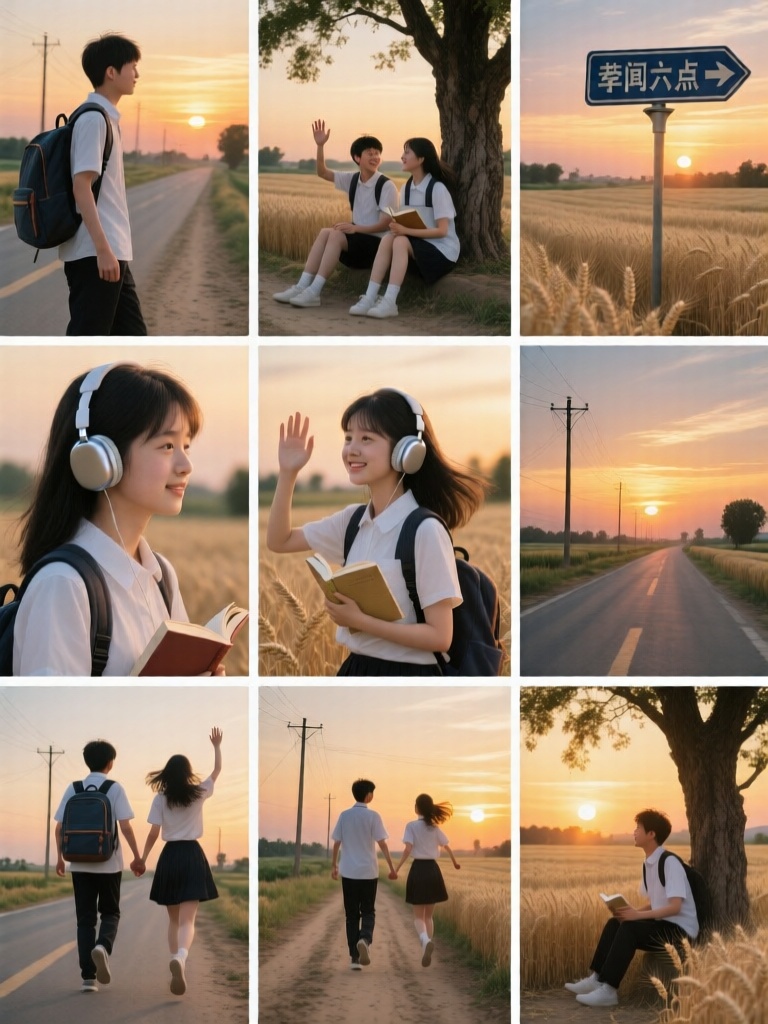 JGG, Nine grid multi screen emotional storyboards, with different scenes in each grid,一对少年少女并肩走在黄昏的乡间公路,男孩背着书包,女孩抱着书本,两人在麦田边并肩坐下,在老树下轻声交谈,在晚霞中互相挥手,特写捕捉两人共戴一副耳机、牵手奔跑、回头相望的瞬间,老式路牌指向傍晚六点,暖金色落日拉长身影,氛围温柔青涩、安静治愈,画面包含土路、麦浪、电线杆与渐变天空。
