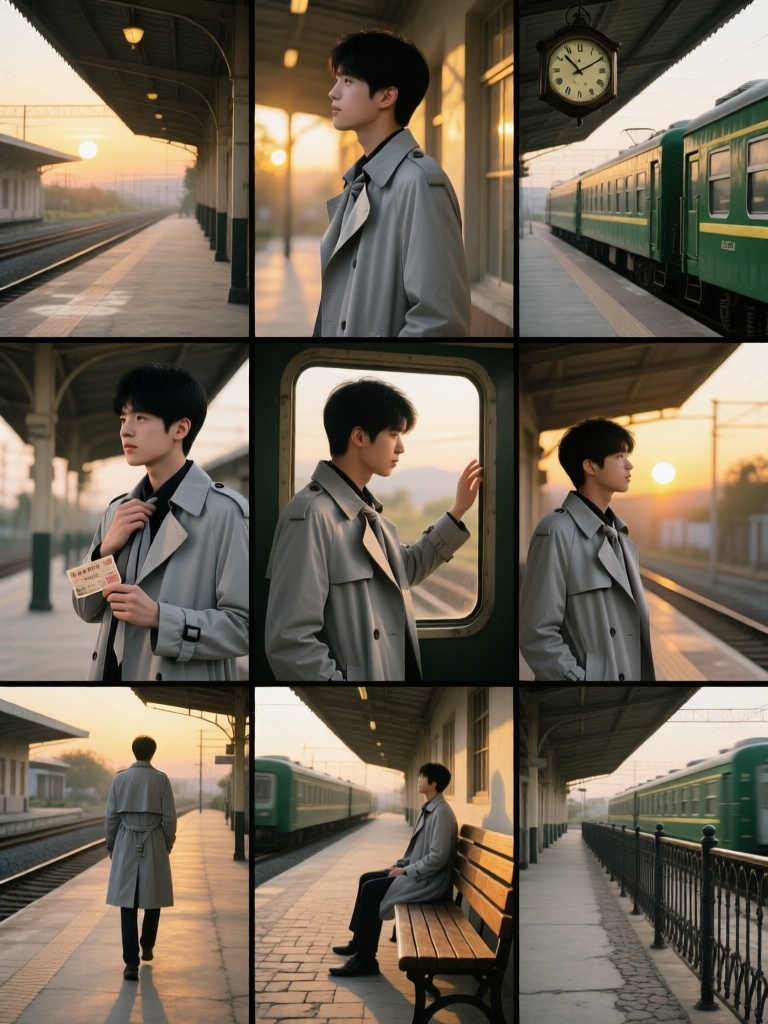JGG,Nine grid multi screen emotional storyboards, with different scenes in each grid,一位黑发少年身着浅灰风衣置身黄昏的复古车站,他站在廊檐下看光影斑驳,沿着空荡月台行走,坐在木质长椅上目送绿皮火车模糊驶过,透过车窗凝望远方与侧影重叠；特写展现他紧握旧车票、整理衣领、伸手触碰车窗的瞬间,老式挂钟显示下午四点十分,暖黄落日光线勾勒柔和轮廓与长影,氛围怀旧、沉静且略带怅然,场景包含水泥地面、铁艺栏杆与粗糙地砖。
