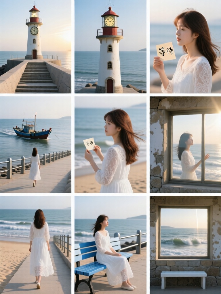 JGG,Nine grid multi screen emotional storyboards, with different scenes in each grid,一位棕发少女身着白色蕾丝长裙穿梭于晨光中的海滨灯塔场景,她站在灯塔下的石阶上眺望海面,沿着空荡的防波堤缓步前行,坐在蓝白长椅上看渔船缓缓驶过,透过观景窗凝视海浪与侧脸倒影交叠；特写镜头捕捉她手持写有“等待” 的便签纸、轻挽发丝、伸手触碰海风的瞬间,复古灯塔时钟指向九点十分,温暖的定向阳光形成柔和高光与绵长阴影,氛围安静、温柔且略带思念,画面中可见细腻沙滩、金属护栏与斑驳石墙。
