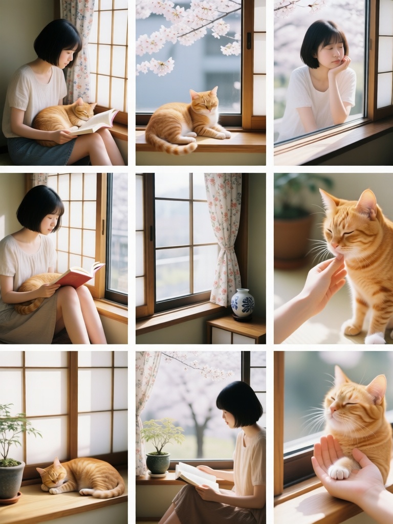 JGG, Nine grid multi screen emotional storyboards, with different scenes in each grid,短发女孩与橘猫在日式窗台相伴,猫咪蜷在她膝头睡觉,她坐在窗边看书,伸手轻挠猫咪下巴,猫咪踮脚蹭她掌心,两人一同望向窗外樱花,特写展现猫咪踩奶、女孩托腮凝望、阳光落在猫毛上的画面,柔和漫射光笼罩房间,氛围慵懒治愈、安静温柔,包含木质窗台、碎花窗帘、盆栽与和风摆件。
