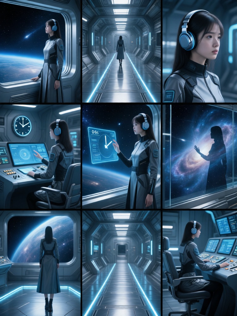 JGG,Nine grid multi screen emotional storyboards, with different scenes in each grid,一位高冷少女身着机能风长裙在未来空间站呈现多幕情绪,她站在舷窗边凝望宇宙,沿着金属通道行走,坐在控制台旁凝视数据,透过玻璃凝视星云与身影重叠；特写展现她触碰虚拟屏、调整耳机、伸手触碰星空的瞬间,电子钟显示零点十分,冷蓝科技光制造锐利阴影,氛围先锋、科幻且孤独,可见合金地面、发光灯带与浩瀚星空。
