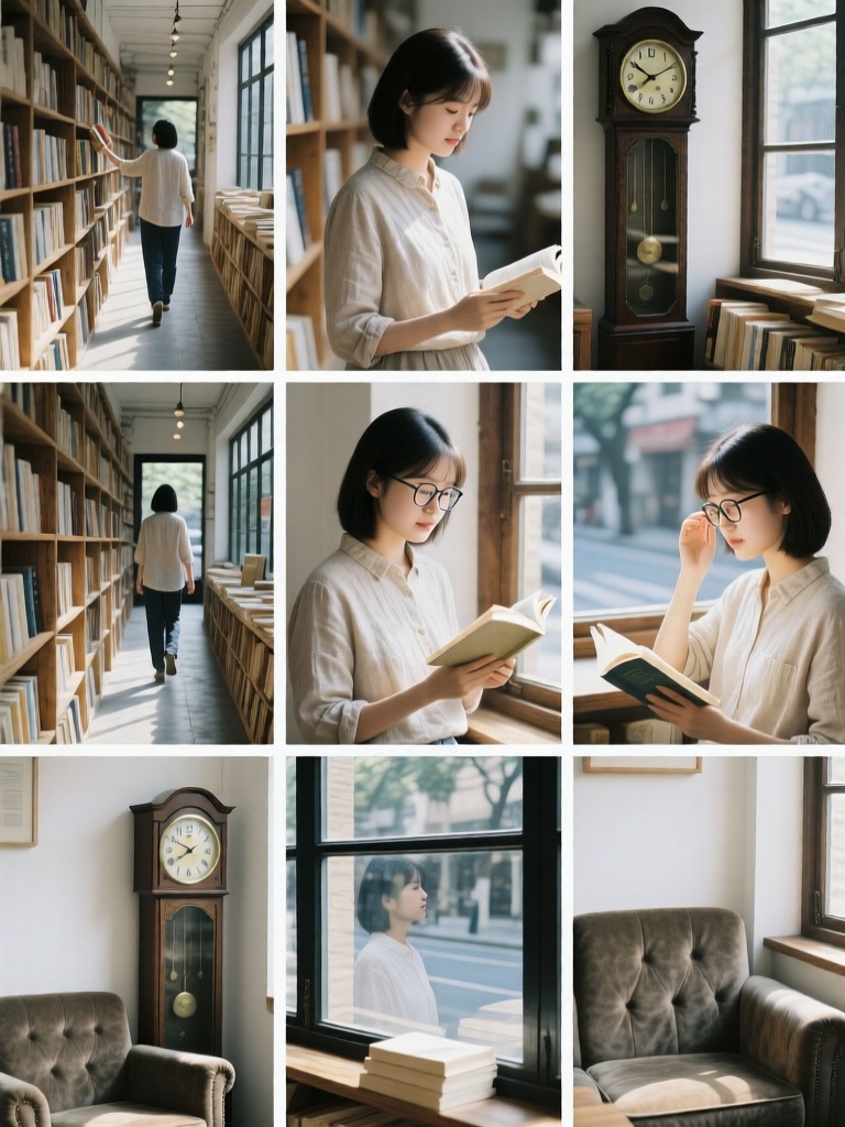 JGG,Nine grid multi screen emotional storyboards, with different scenes in each grid,一位文艺少女身着棉麻衬衫在清晨的旧书店呈现多幕分镜,她站在书架间轻取书籍,沿着过道缓步前行,坐在窗边沙发上默读,透过玻璃窗凝视街景与倒影重合；特写捕捉她轻翻书页、调整眼镜、伸手触碰阳光的瞬间,老式台钟指向八点十分,柔和漫射光营造安静氛围,氛围知性、安然且文艺,可见木质书架、绒面座椅与浅白墙面。
