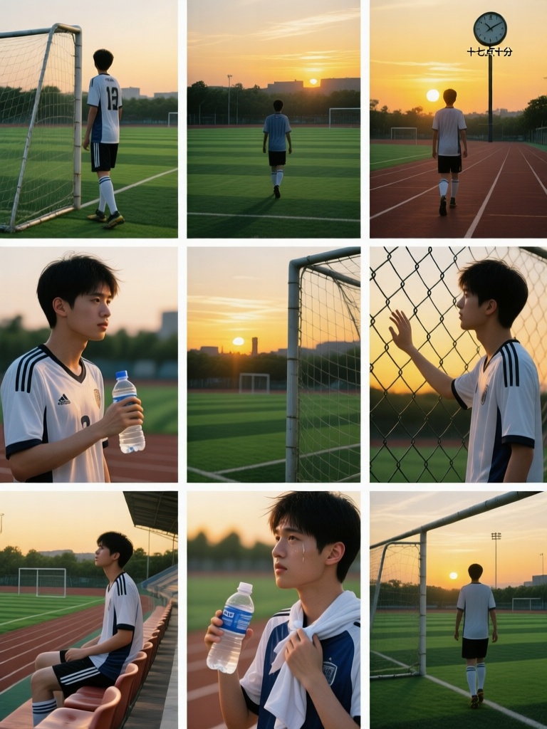 JGG,Nine grid multi screen emotional storyboards, with different scenes in each grid,一位运动少年身着球服在黄昏绿茵操场呈现多幕情绪,他站在球门旁眺望远方,沿着跑道缓步前行,坐在看台上擦拭汗水,透过铁丝网凝视天空与剪影交错；特写展现他紧握水瓶、整理球衣、伸手触碰晚风的瞬间,操场时钟指向十七点十分,暖黄落日拉长身影,氛围青春、热烈且略带怅惘,可见翠绿草坪、塑胶跑道与金属网架。
