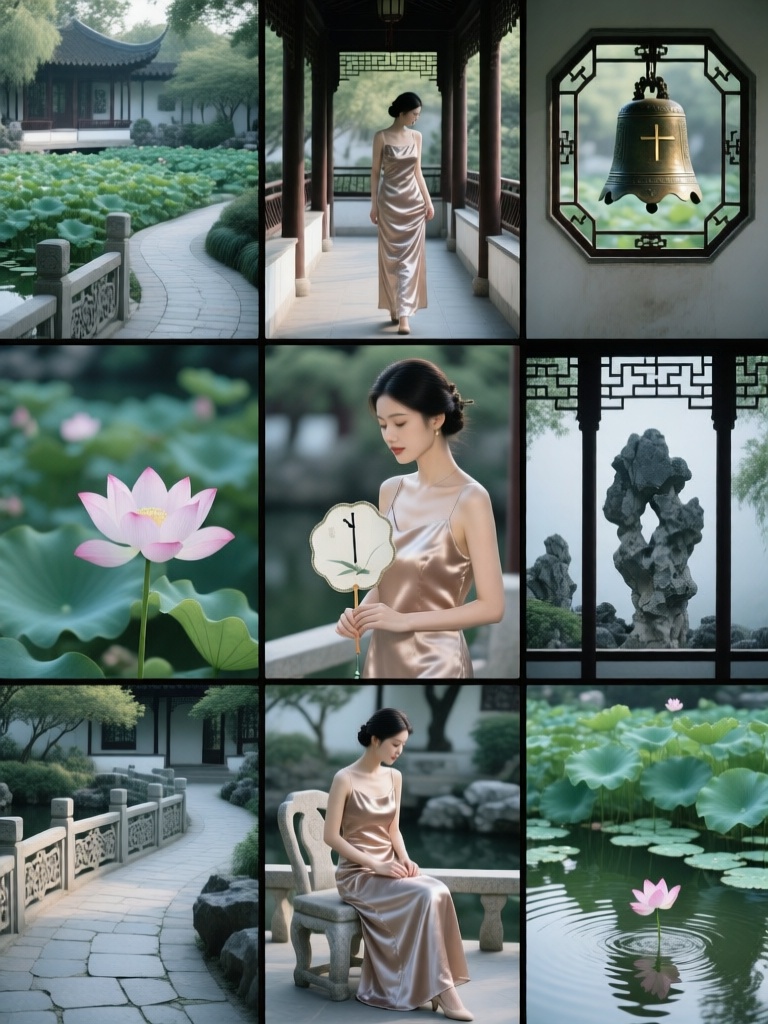 JGG,Nine grid multi screen emotional storyboards, with different scenes in each grid,一位优雅女生身着缎面长裙在古典园林呈现九宫格叙事,她站在廊下凝望荷塘,沿着曲径缓步前行,坐在石椅上轻摇团扇,透过窗棂凝望假山与身影重叠；特写捕捉她轻触荷瓣、整理裙摆、伸手触碰池水的瞬间,中式铜钟指向上午十一点,温润柔光铺满画面,氛围雅致、温婉且古典,可见青石板、雕花栏杆与碧绿荷塘。
