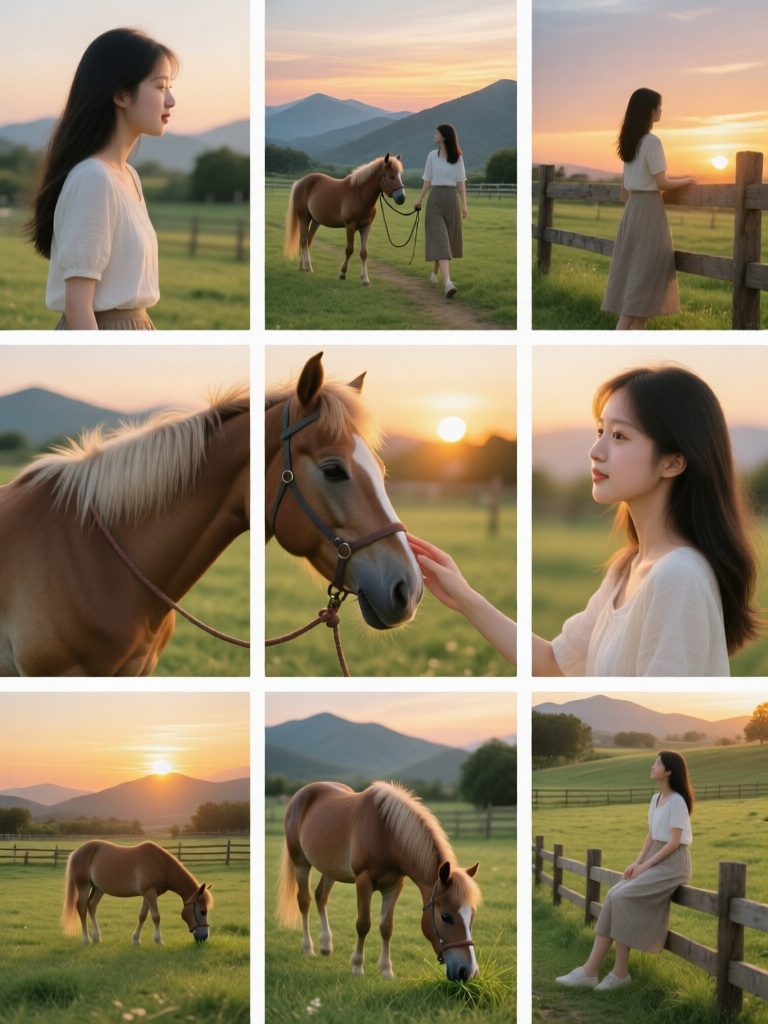 JGG, Nine grid multi screen emotional storyboards, with different scenes in each grid,女孩与小马在牧场相伴,她牵着小马缓步走在草地,轻抚马颈与它对视,坐在围栏边看小马低头吃草,夕阳下并肩眺望远山,特写展现小马轻蹭她手掌、女孩温柔抚摸、金色暮光笼罩牧场的画面,氛围自由治愈、温柔浪漫,包含青草地、木围栏、远山与渐变黄昏天空。
