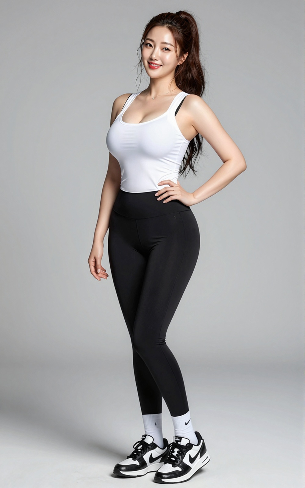 Image of a Korean woman: A beautiful Korean woman boasting an hourglass figure,  round and voluptuous I-cup breasts,  allu...