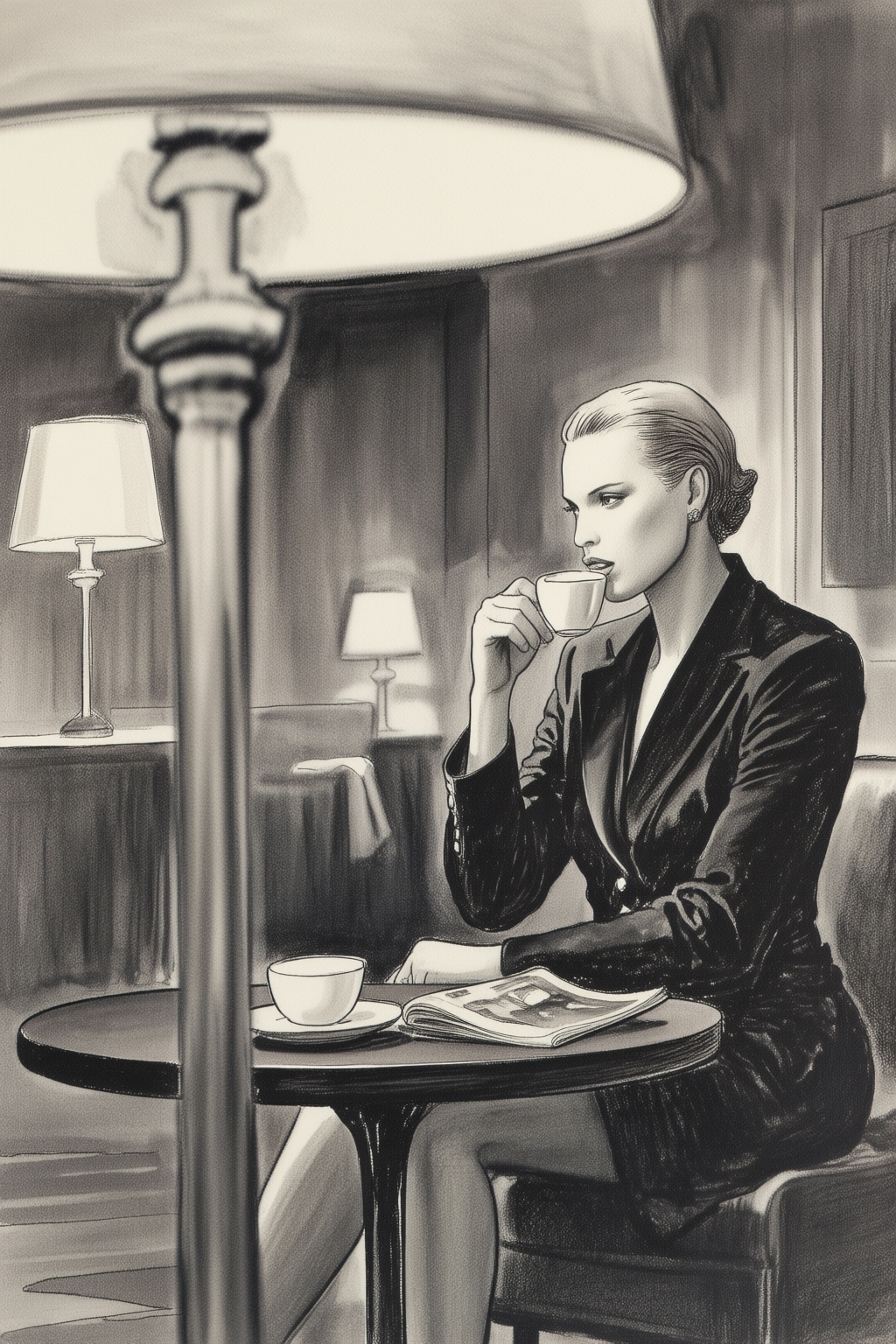 milomanara13q6 illustration. Medium shot from a side angle of a businesswoman with combed short blonde hair sitting on the...