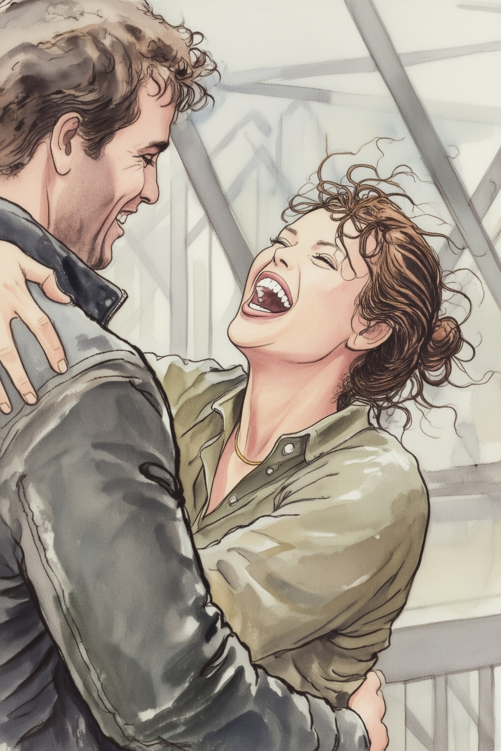 milomanara13q6 illustration. Medium close-up shot from a side-angle of a young couple in a candid,  joyful embrace on an o...