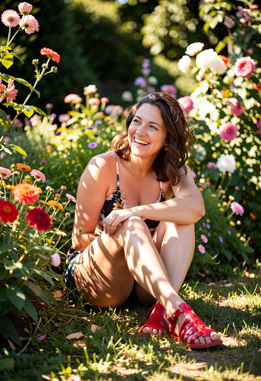 Create a photograph of a smiling woman sitting in a serene,  sunlit garden. She wears strappy Greek sandals made of shiny...