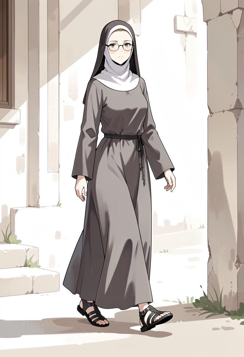 A detailed digital illustration in anime style depicting a nun walking from the side,  her gaze directly at the viewer. Sh...