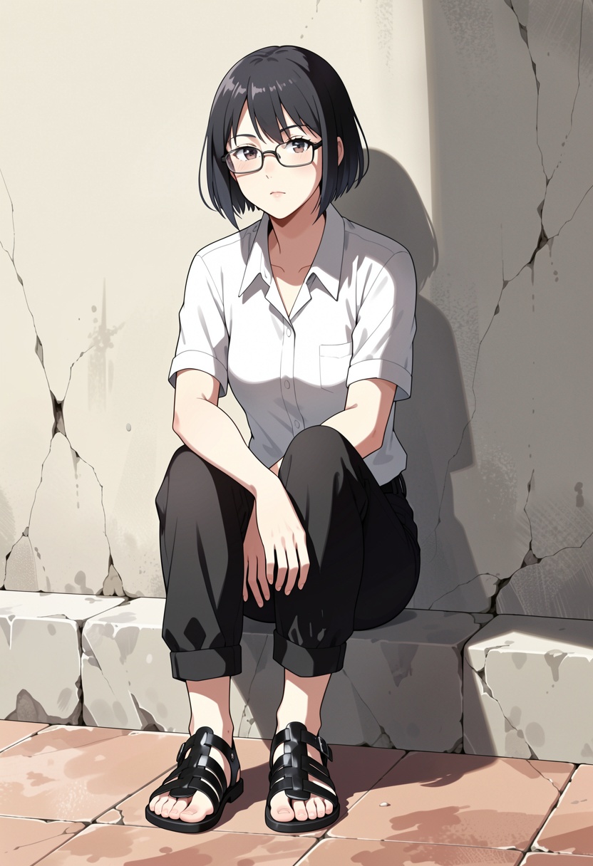 A detailed digital illustration in anime style depicting a young woman sitting on a stone step. She is wearing a white sho...