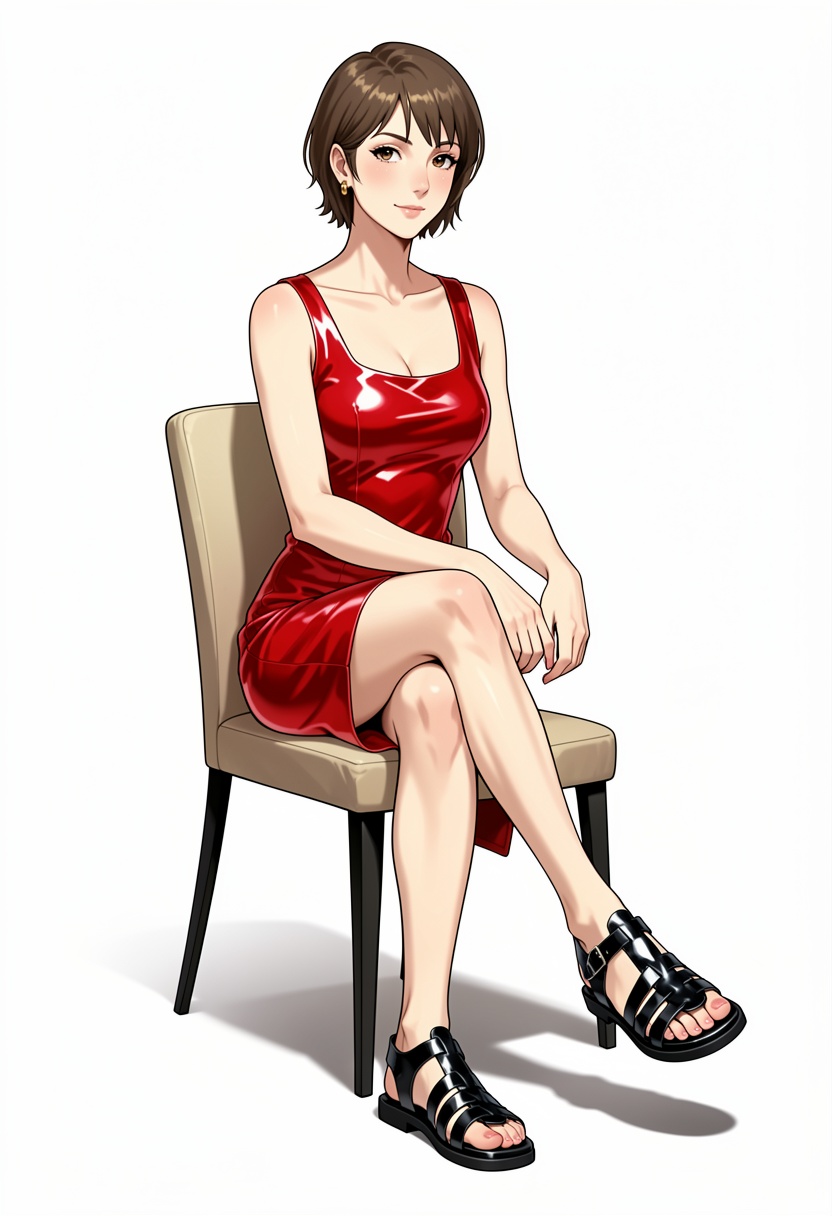 A modern digital illustration of a short-haired woman with a confident demeanor sitting gracefully on a chair with her leg...