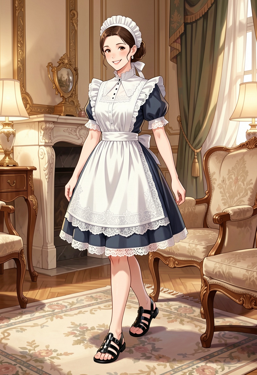 Create a detailed digital illustration of a smiling Victorian maid dressed in her finest attire,  complete with intricate...