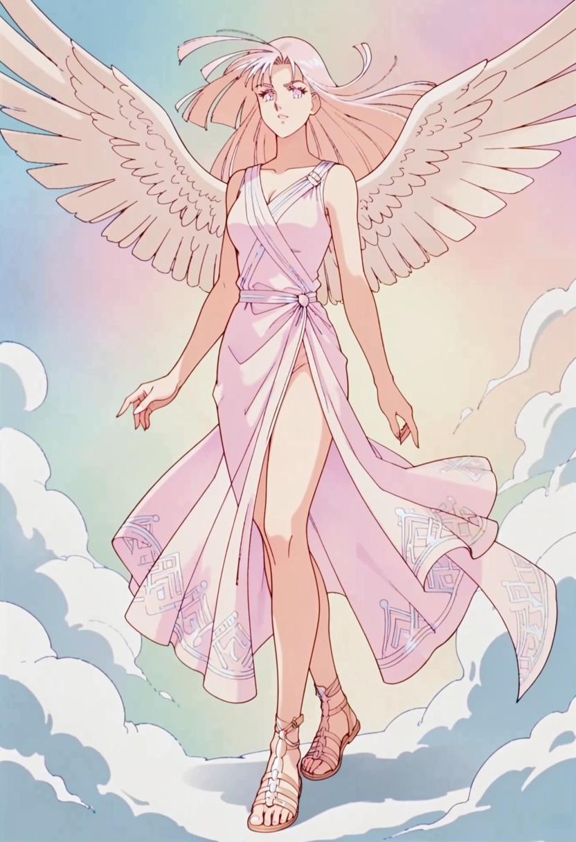 Create a detailed illustration in 1980s anime style of an angel wearing elegant Greek sandals,  standing gracefully agains...