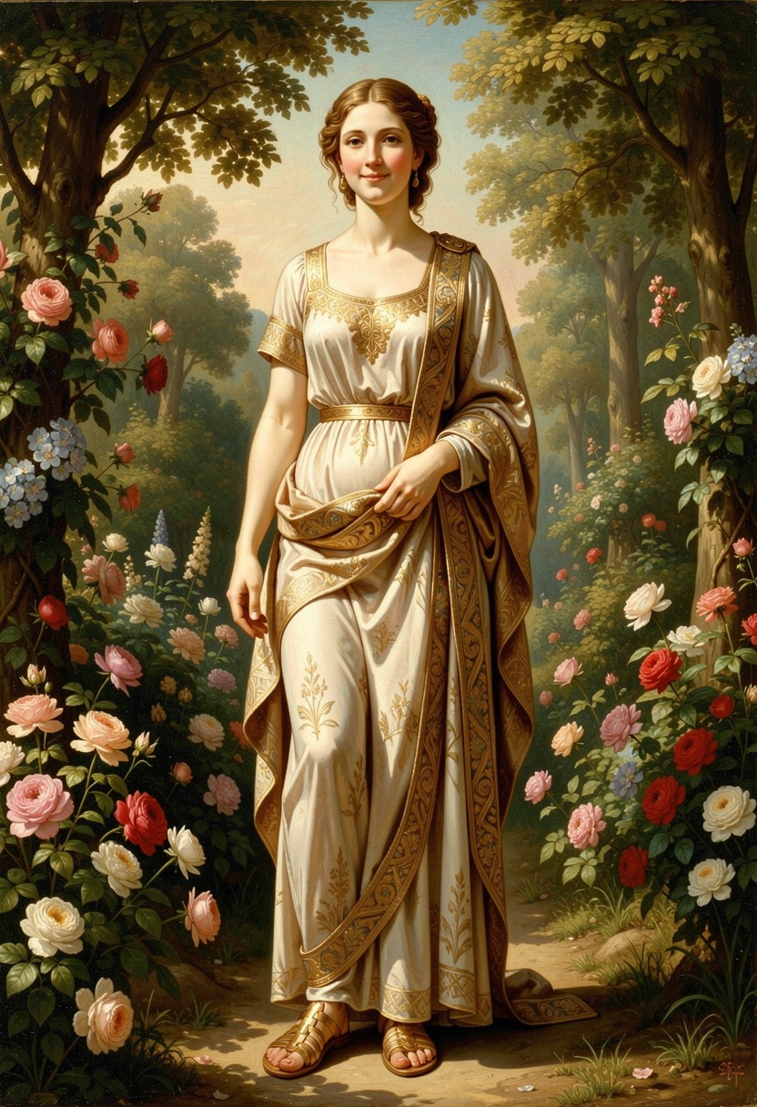 Create a Renaissance painting of a Greek goddess standing gracefully in a serene garden,  surrounded by blooming flowers a...