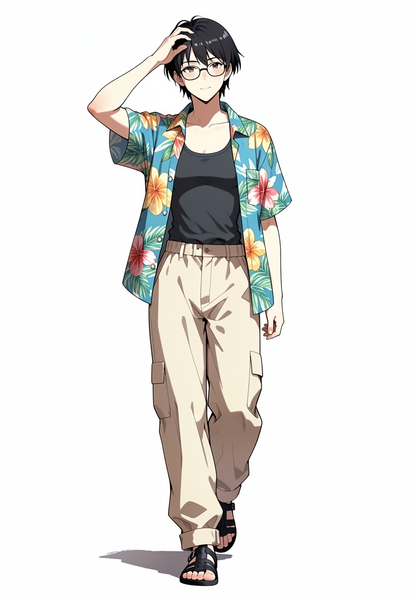 The image depicts an androgynous character in an anime-style illustration. The character is wearing black greek sandals an...