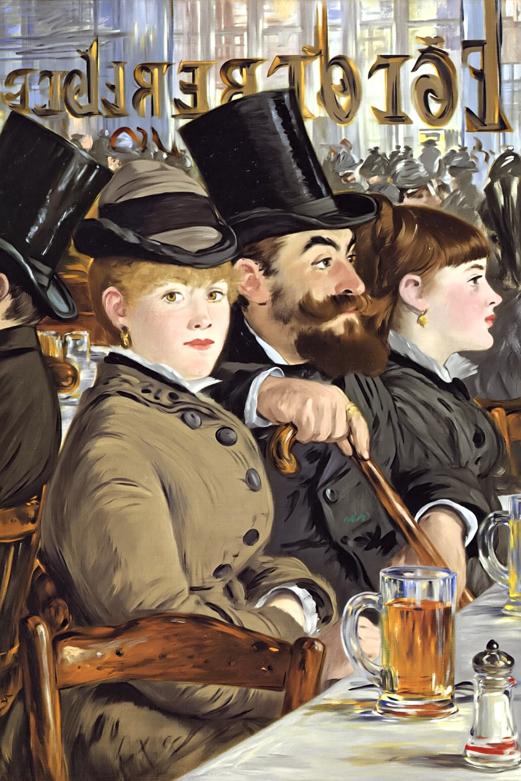 edouardmanet4q25 painting. An indoor cafe scene with three people. A woman,  a man,  and a young woman sit side-by-side at...