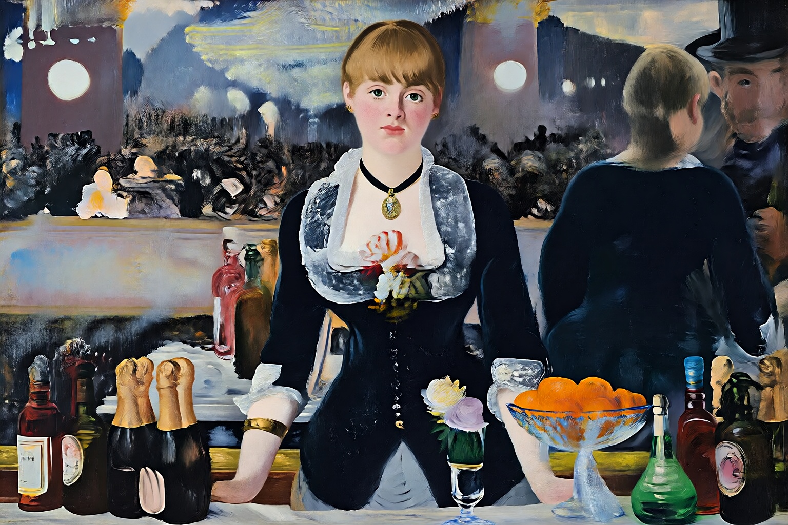 edouardmanet4q25 painting. A 19th-century bar with a young barmaid standing behind a lavish marble counter. She has tied b...