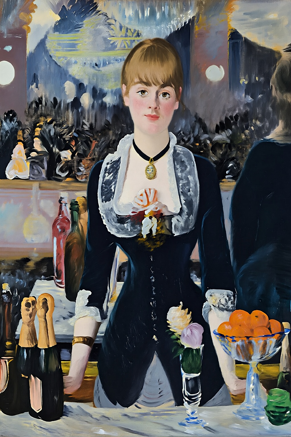 edouardmanet4q25 painting. A 19th-century bar with a young barmaid standing behind a lavish marble counter. She has tied b...