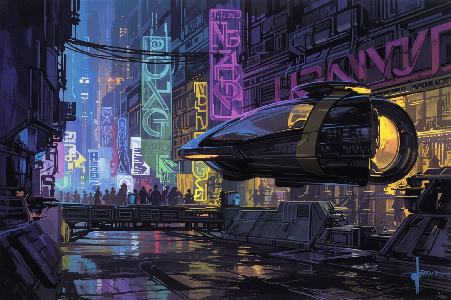 sydmead10q20 painting. A neon-lit cyberpunk cityscape at night in the world of Blade Runner,  featuring a rain-slick stree...